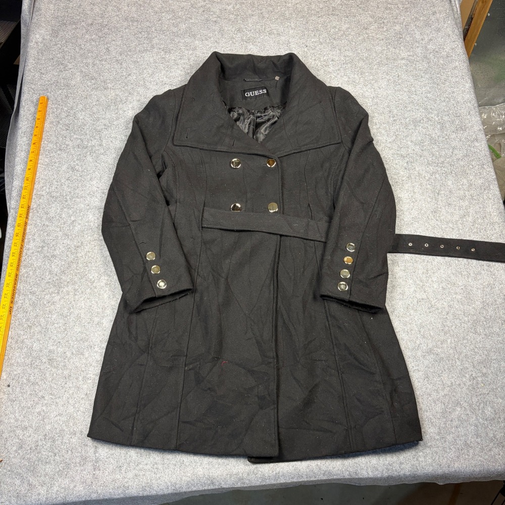 Guess Womens Black Double Breasted Belted Pea Coat Gold Buttons Size Medium